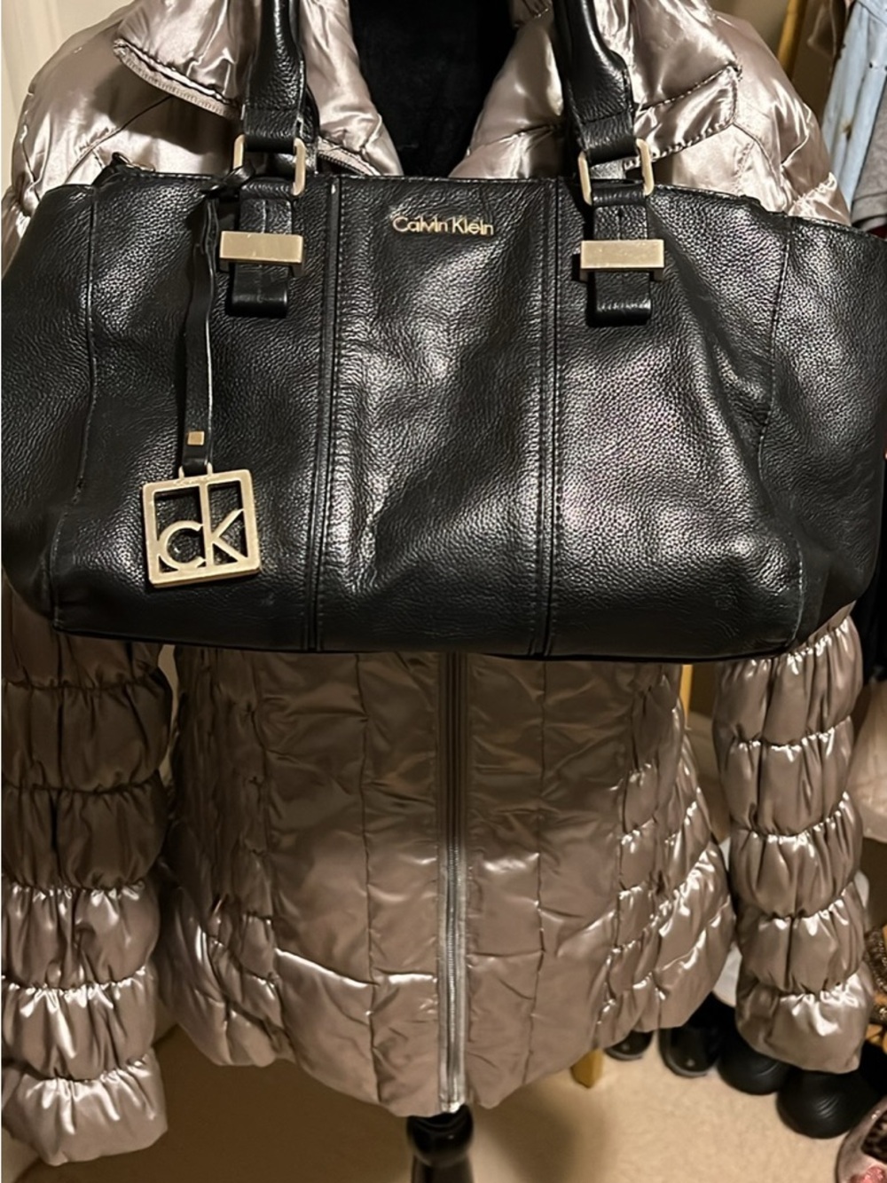 Calvin Klein Black Leather satchel Handbag with Gold Hardware